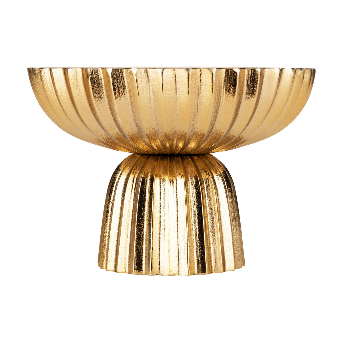 Bongosi Decorative Bowl 25.5cm in gold, a fluted aluminium pedestal bowl with a flared ribbed base and glossy cream interior, shown on a plain white background.