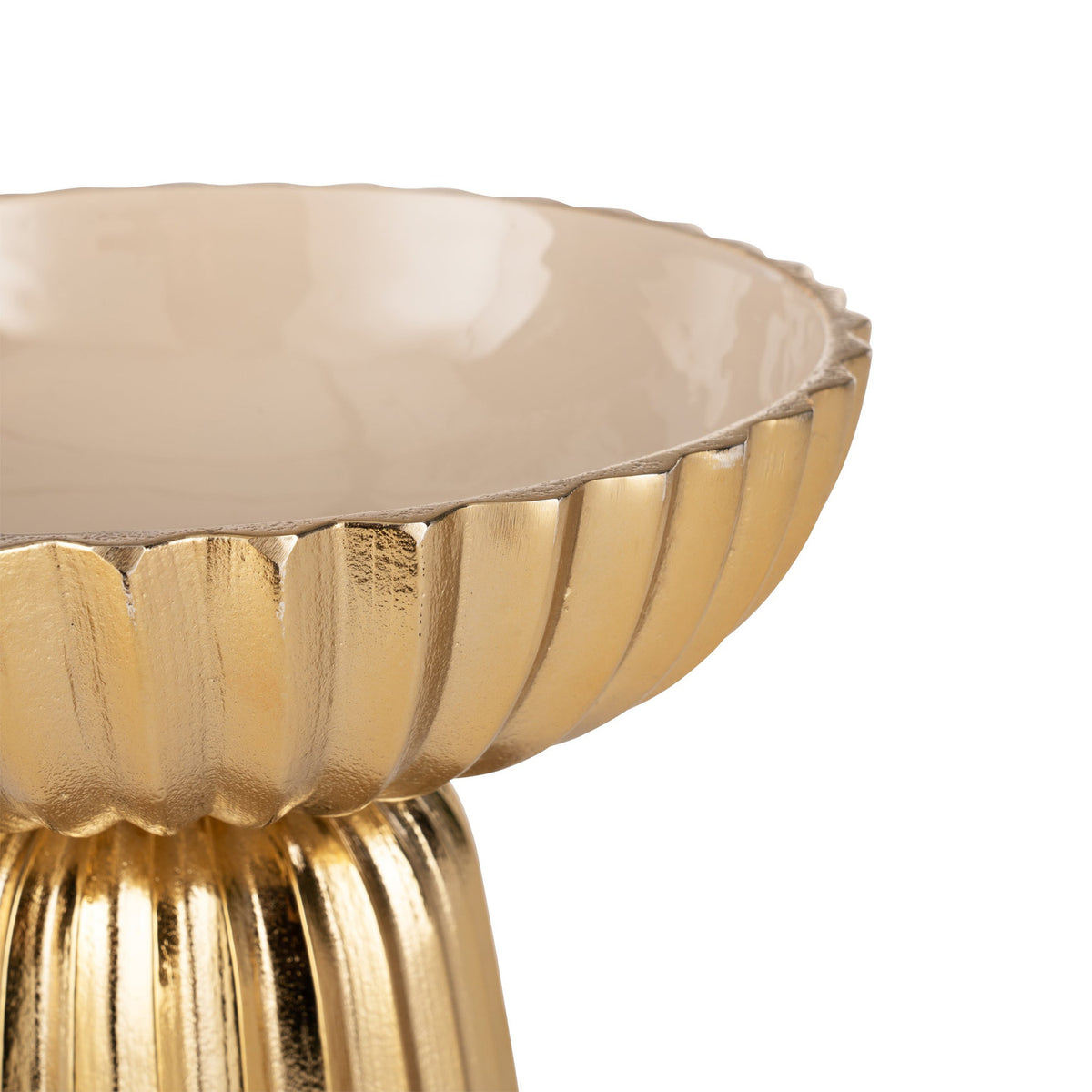 Close-up of the Bongosi Decorative Bowl 25.5cm in Gold & Cream, an aluminium pedestal bowl with fluted gold exterior, crimped rim and glossy cream interior, on a white background.