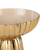 Close-up of the Bongosi Decorative Bowl 25.5cm in Gold & Cream, an aluminium pedestal bowl with fluted gold exterior, crimped rim and glossy cream interior, on a white background.