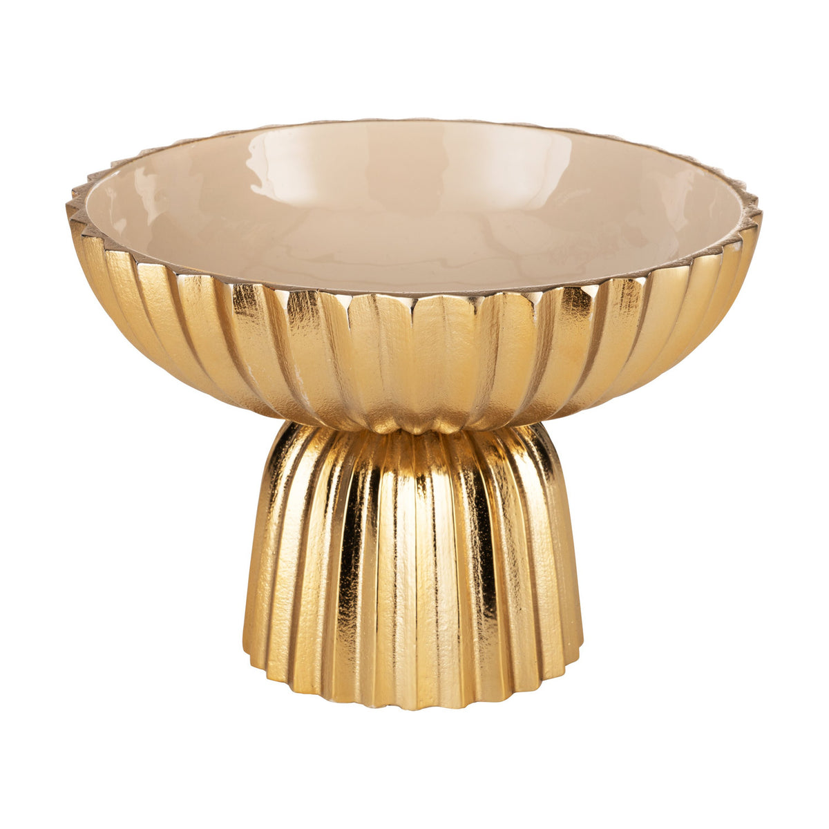 Bongosi Decorative Bowl 25.5cm in gold and cream, aluminium pedestal bowl with fluted exterior, crimped rim, glossy cream interior, on a plain white background.