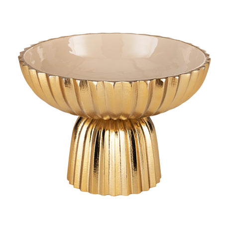 Bongosi Decorative Bowl 25.5cm in gold and cream, aluminium pedestal bowl with fluted exterior, crimped rim, glossy cream interior, on a plain white background.