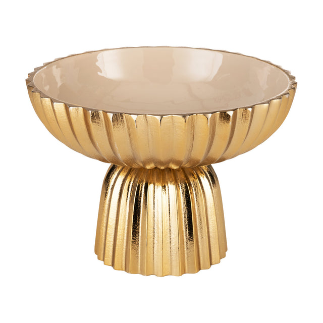 Bongosi Decorative Bowl 25.5cm in gold and cream, aluminium pedestal bowl with fluted exterior, crimped rim, glossy cream interior, on a plain white background.