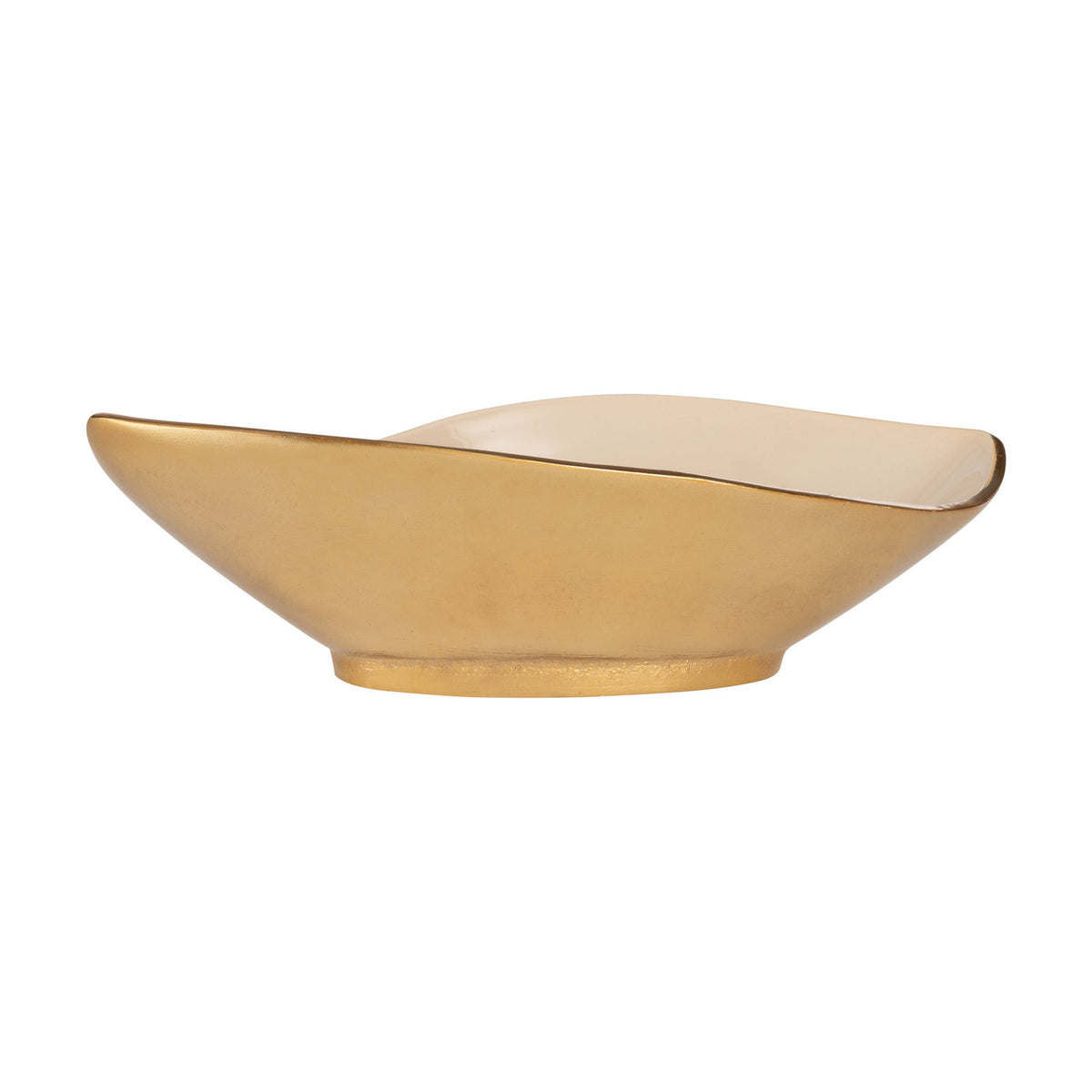 Bongosi decorative bowl, a long leaf-shaped aluminium dish with pointed ends, gold exterior and foot, glossy cream interior, on a plain white background.