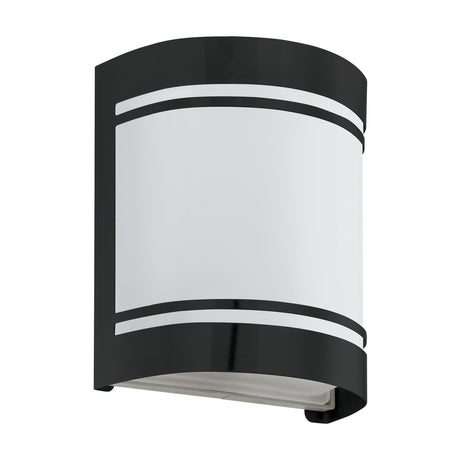 Bonvenne outdoor wall light with curved black steel body and white frosted glass diffuser, banded with slim horizontal bars, shown on a plain white background.