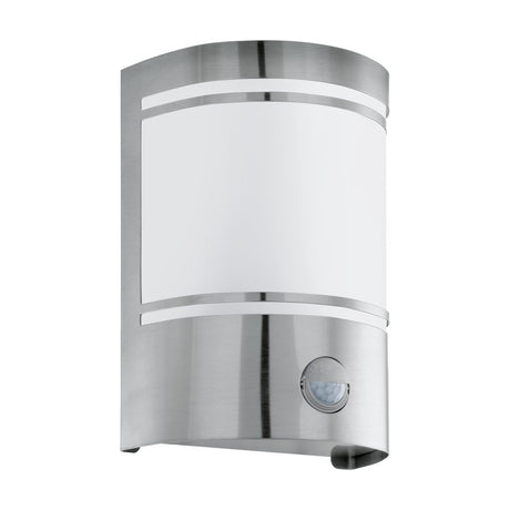 Bonvenne outdoor wall light in stainless steel with curved front, frosted glass shade between slim steel bands, and built-in motion sensor, shown on a plain white background.