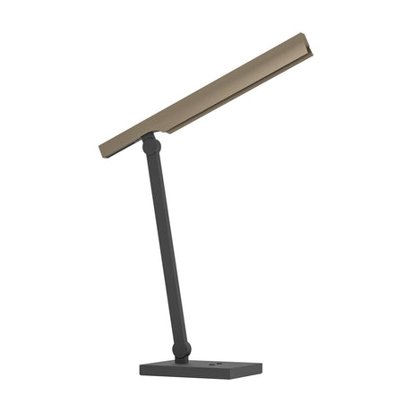 Bostelo LED table lamp with a slim rectangular bronze-tone head on a jointed black steel stem and flat square base, shown on a plain white background.