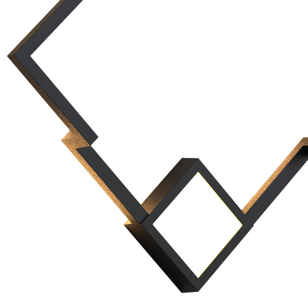 Boutique Large Square LED wall light in matt black, close-up of overlapping geometric metal frames forming a layered diamond-on-square design.