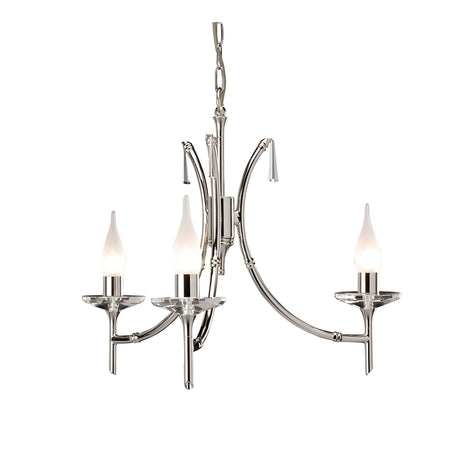 Presenting the Brightwell 3 Light Chandelier - Polished Nickel, a sleek and modern fixture that includes three candle-shaped LED G9 lamps and elegant curved arms with a chain for hanging. Its minimalist design and reflective surface enhance its distinctive shine.