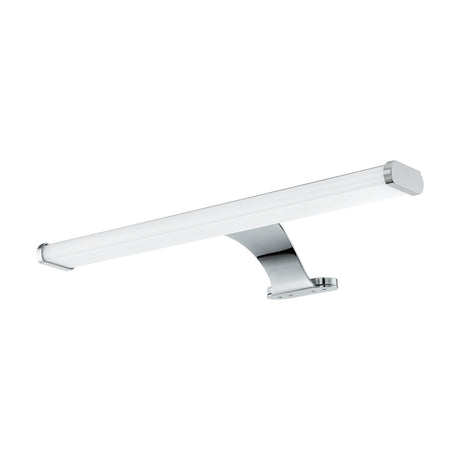 Bralmena LED bathroom mirror light, 40cm, chrome T-bar design with white diffuser, curved steel arm and oval wall mounting plate, shown on a plain white background.