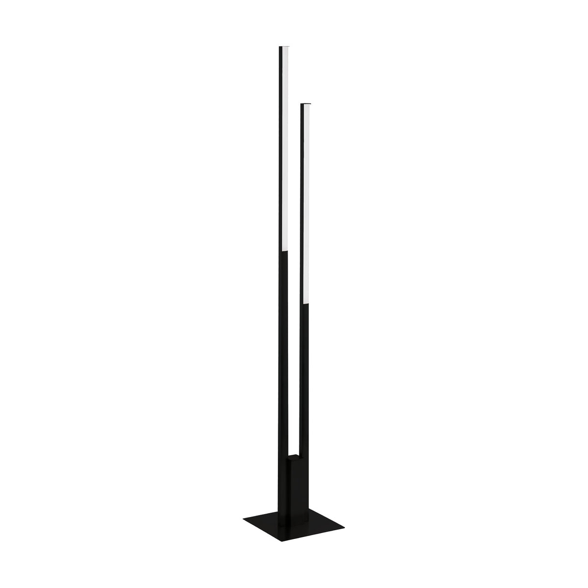 Branessa Smart Colour Changing LED Floor Lamp in black, two tall slim aluminium uprights of differing heights with white diffuser sections, on a square base against a plain white background.