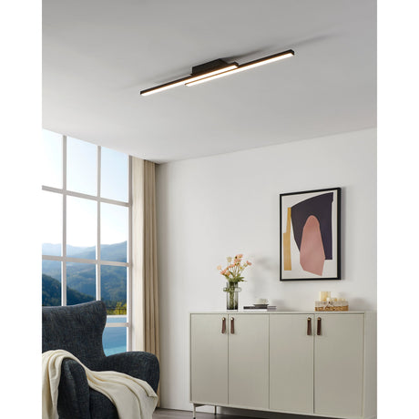 Branessa Smart Colour Changing LED Flush Ceiling Light in black, two slim staggered bars with white diffusers, shown mounted in a living room above a sideboard.