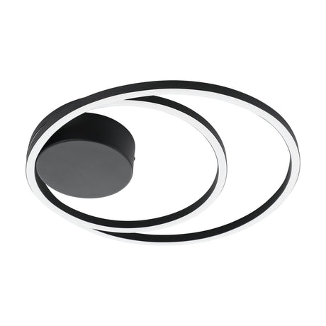 Brasmane LED flush ceiling light in black, featuring two off-centre rings with white diffusers and a round black canopy, shown on a plain white background.
