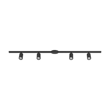 Brasmora track lighting kit with four black cylindrical GU10 spotlights on a straight black aluminium bar, shown on a plain white background.