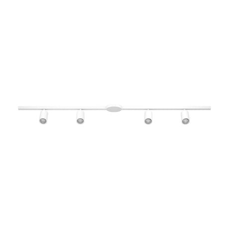 Brasmora Track Lighting Kit in white, a straight bar with central ceiling mount and four adjustable cylindrical spotlights for GU10 bulbs, shown on a plain white background.