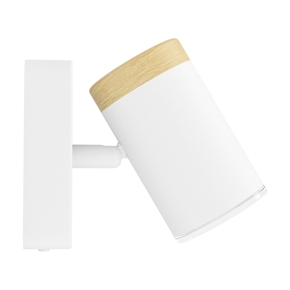 Brelora wall spotlight with a rectangular white steel wall plate and an adjustable cylindrical white head topped with light wood, shown on a plain white background.