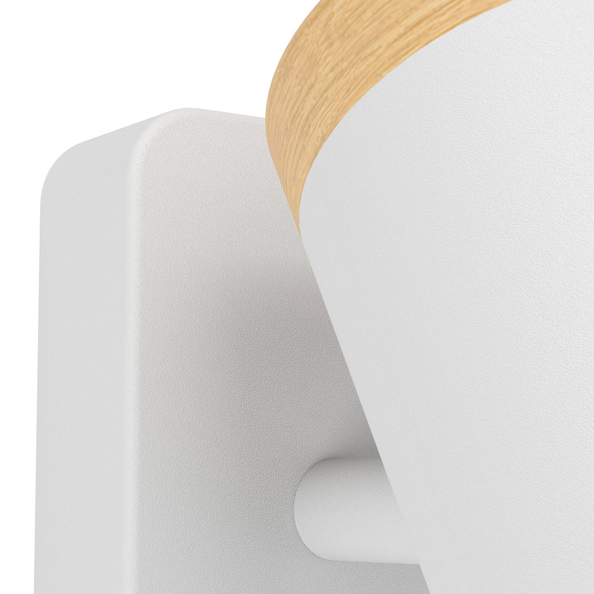 Close-up of the Brelora wall spotlight showing the white steel wall plate, angled cylindrical head, and light wood band at the back, set against a plain white background.