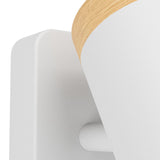 Close-up of the Brelora wall spotlight showing the white steel wall plate, angled cylindrical head, and light wood band at the back, set against a plain white background.