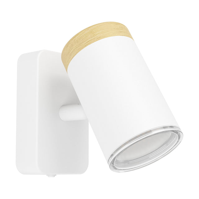 Brelora wall spotlight with a rectangular white steel wall plate and angled cylindrical head, finished in white with a light wood band, GU10 fitting, shown on a plain white background.