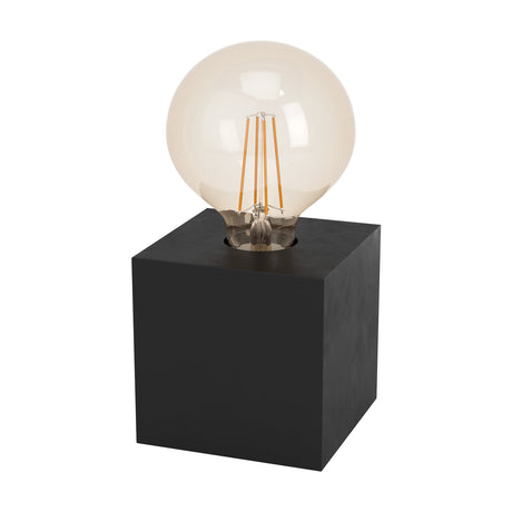 Bremessa Table Lamp in black, a compact wooden cube base with an exposed E27 globe bulb on top, shown on a plain white background.