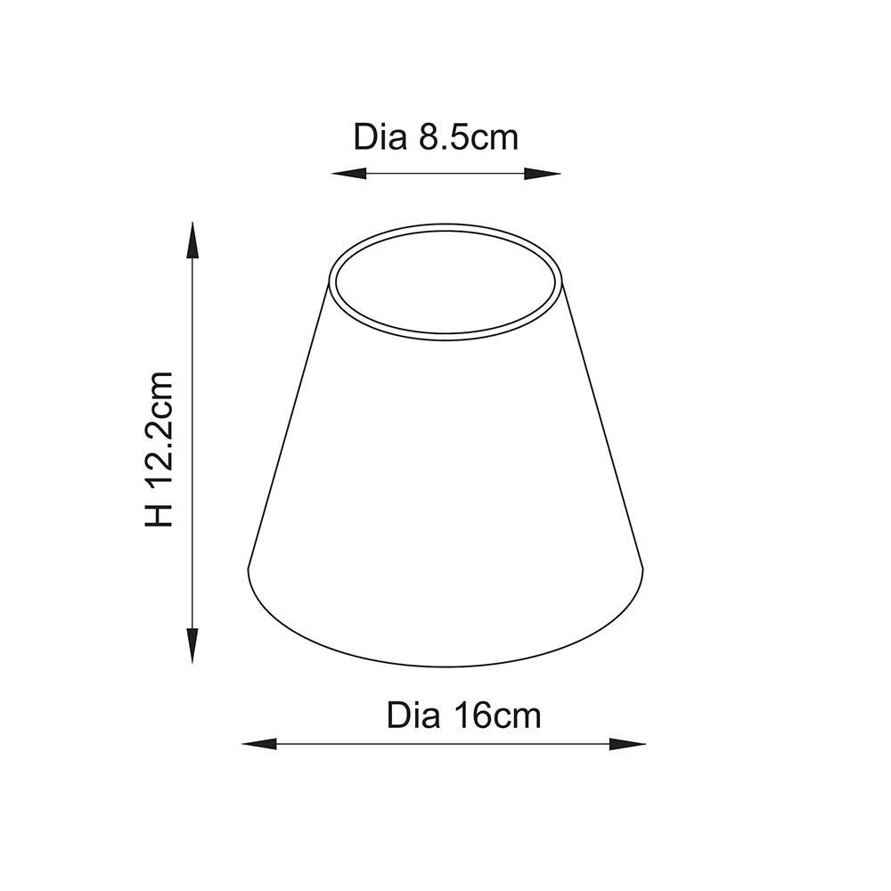 Endon Caldgrove 16cm tapered lamp shade dimension diagram showing 8.5cm top diameter, 16cm bottom diameter and 12.2cm height on a white background.