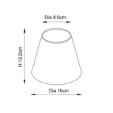 Line drawing of the Daneton 16cm tapered lamp shade showing dimensions: 8.5cm top diameter, 16cm base diameter, and 12.2cm height.