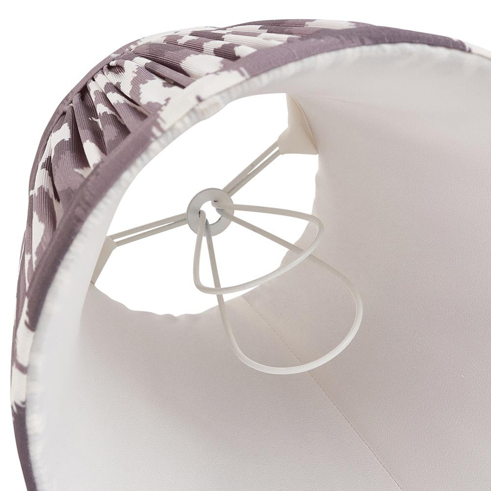 Interior view of Endon Brenwell 16cm tapered lamp shade in pearl grey, showing pleated ikat-print faux silk, plain white lining and candle clip fitting.