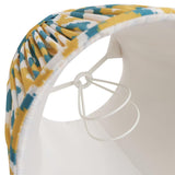 Endon Brenwell 16cm tapered lamp shade in yellow and jade ikat print faux silk, viewed from below showing the candle clip fitting and plain inner lining.