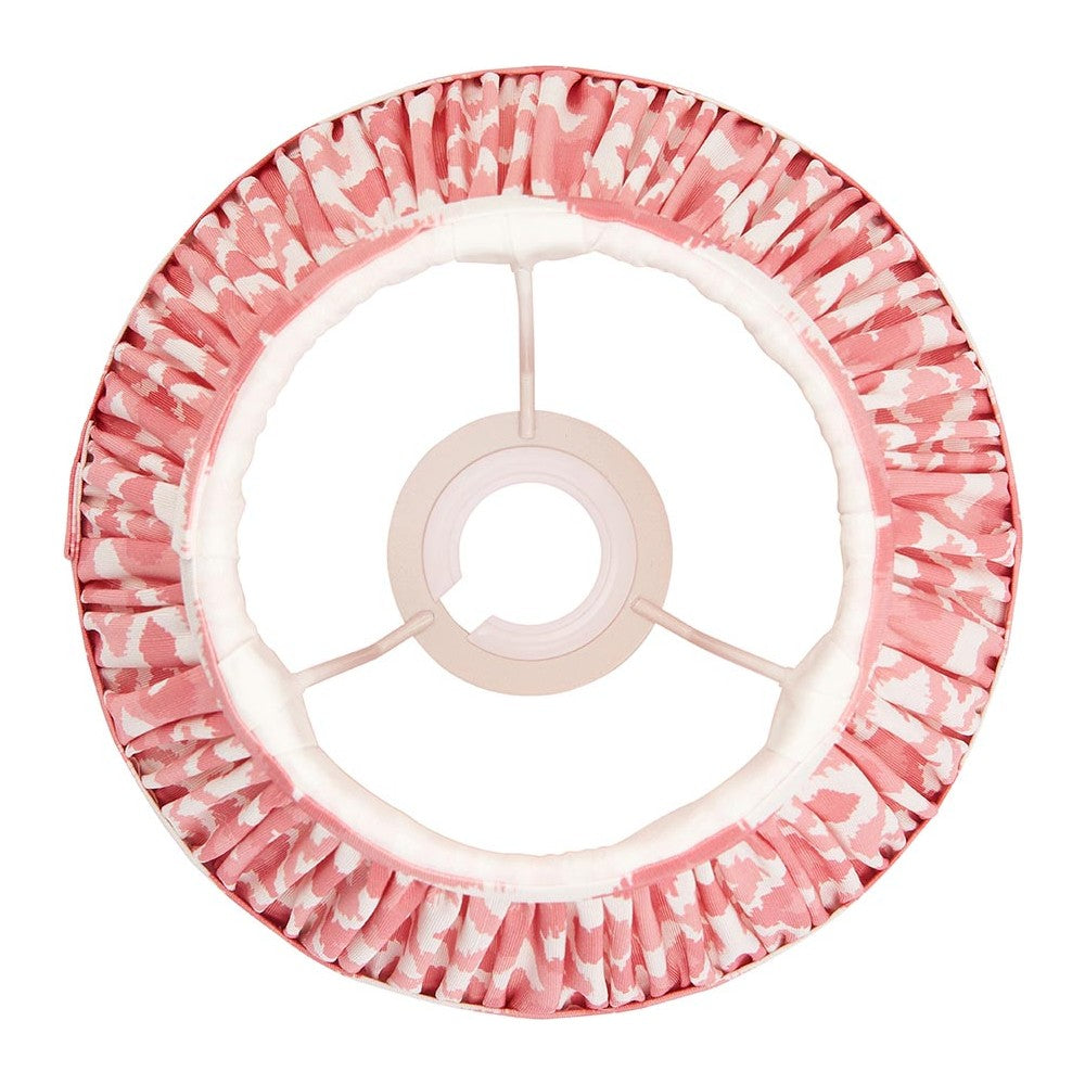 Endon Brenwell 20cm tapered lamp shade in coral pink with white ikat print, pleated faux silk and fixed gimbal fitting, top view on white background.