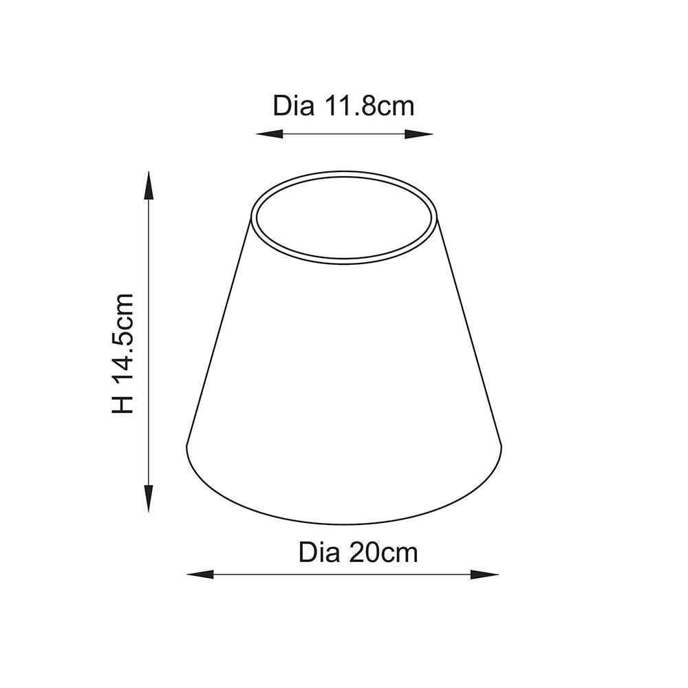 Endon Brenwell tapered lamp shade dimensions diagram showing 11.8cm top diameter, 20cm bottom diameter and 14.5cm height on a white background.