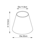 Endon Caldgrove 20cm tapered lamp shade dimension diagram showing 11.8cm top diameter, 20cm bottom diameter and 14.5cm height on a white background.