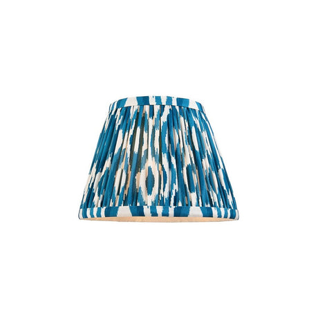 Endon Brenwell 20cm tapered lamp shade in marlin blue and white ikat printed pleated faux silk, shown on a plain white background.