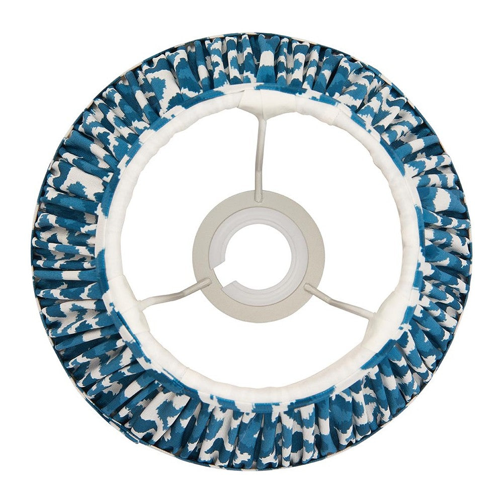 Top view of Endon Brenwell 20cm tapered lamp shade in marlin blue ikat pleated faux silk with white lining and gimbal fitting on a white background.