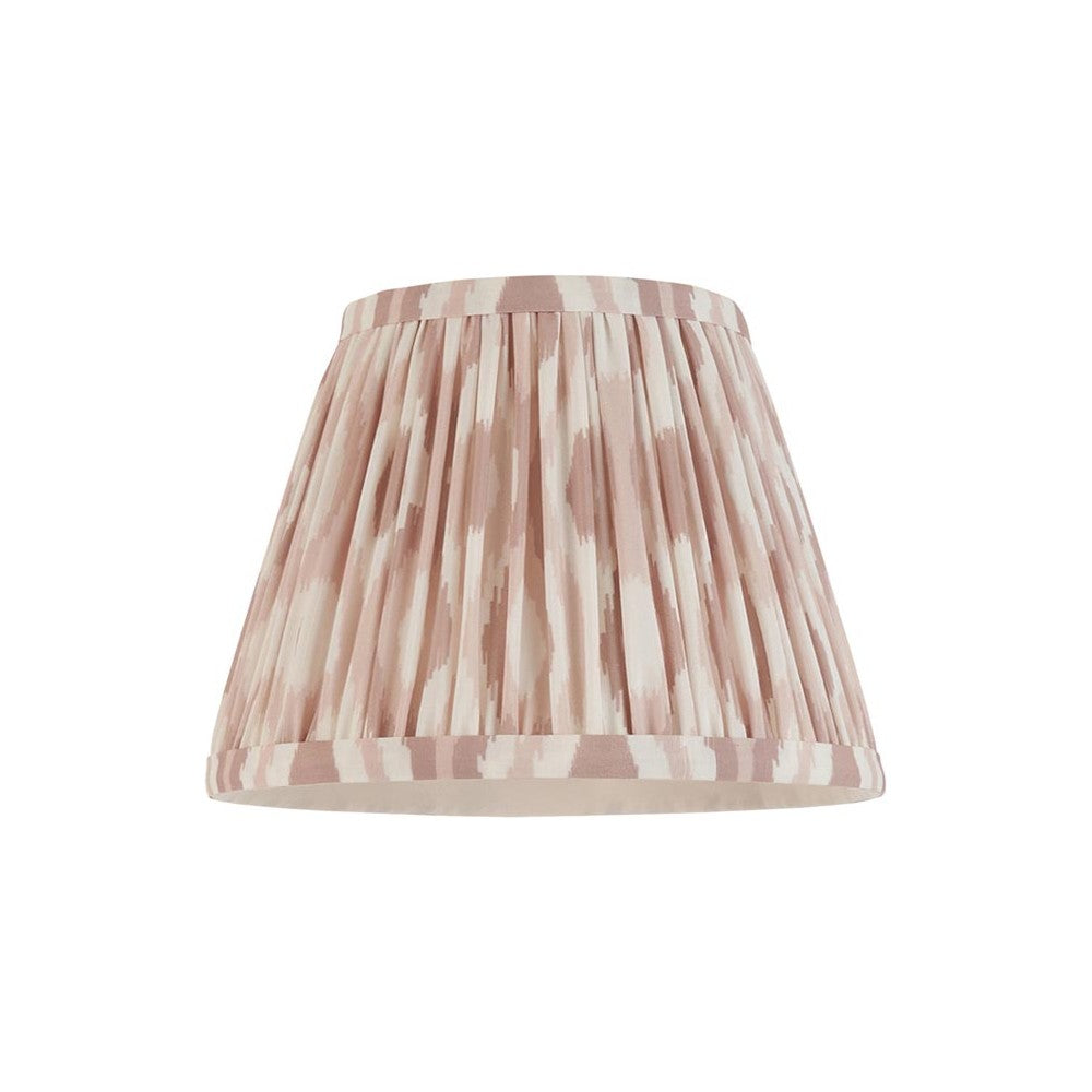 Endon Brenwell 20cm tapered lamp shade in pleated faux silk with a neutral and white ikat print and taped edges, on a plain white background.