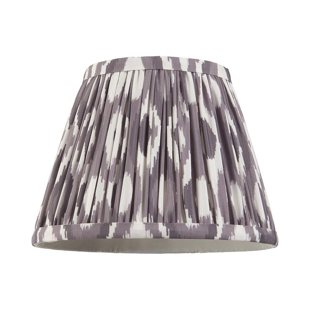 Endon Brenwell 20cm tapered lamp shade in pearl grey faux silk with pleated ikat print and taped edging, shown on a plain white background.