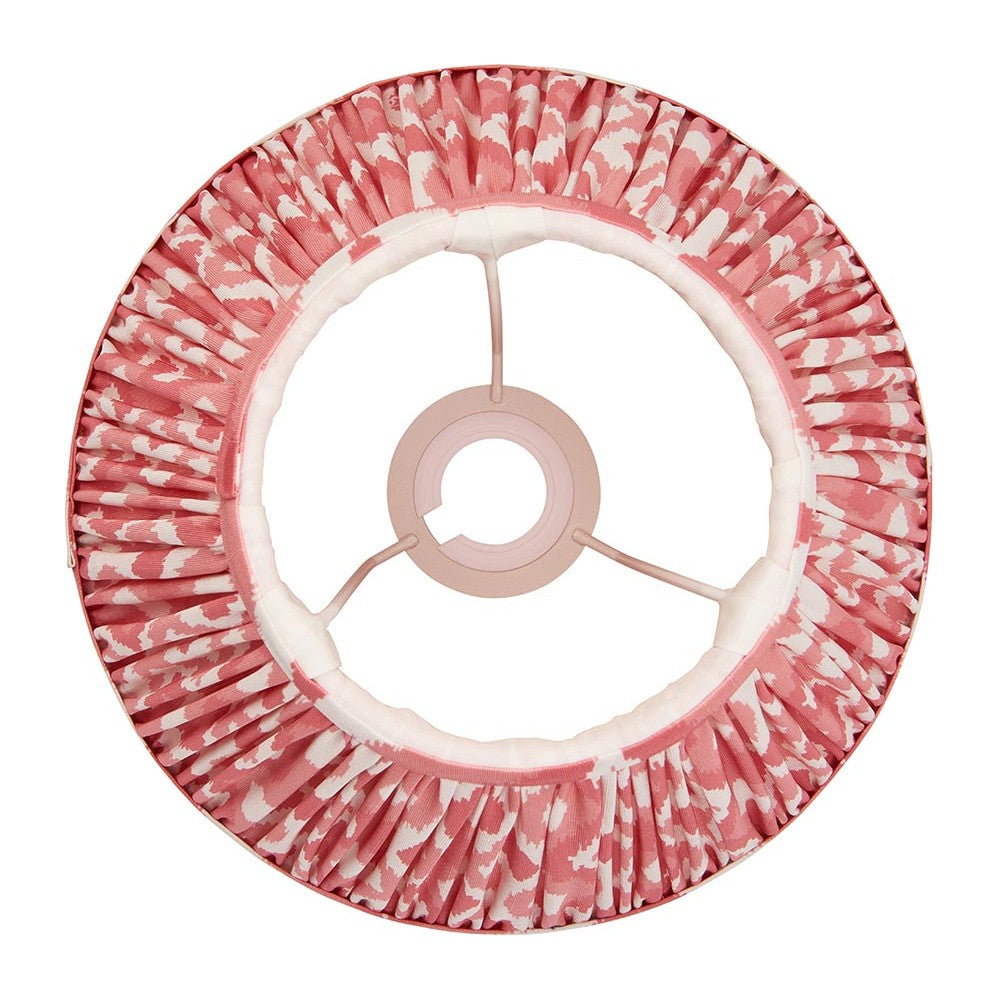 Top view of Endon Brenwell 25cm tapered lamp shade in coral pink ikat printed faux silk with pleated edge, taped trim, and fixed gimbal fitting.