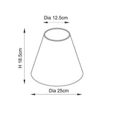 Endon Daneton 25cm tapered lamp shade dimension diagram showing 12.5cm top diameter, 25cm bottom diameter and 18.5cm height on a white background.