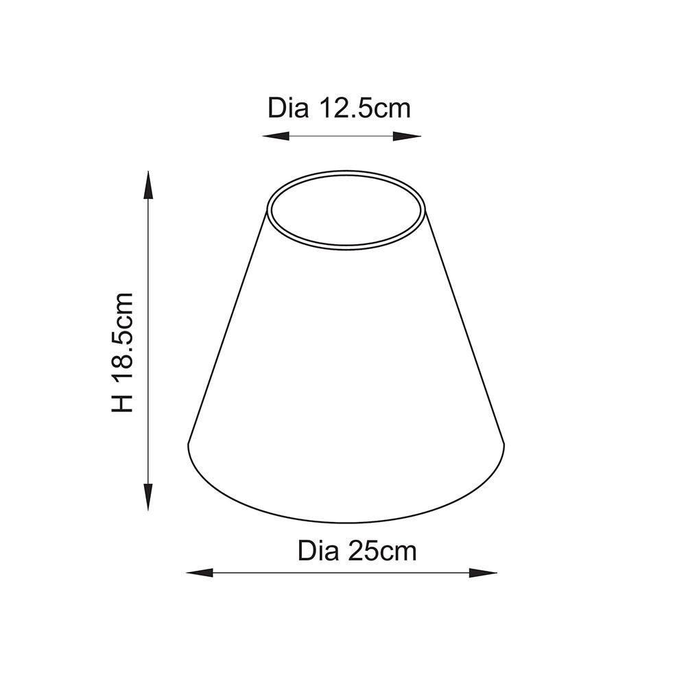 Chartwood 25cm tapered lamp shade in coral pink fabric, line drawing showing top diameter 12.5cm, base diameter 25cm, and height 18.5cm.