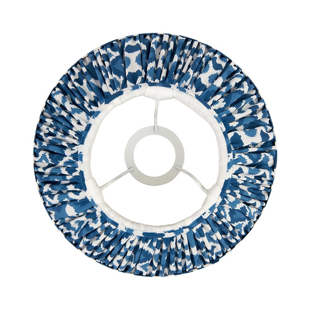 Top view of Endon Brenwell 25cm tapered lamp shade in marlin blue ikat printed faux silk with pleated finish and white gimbal fitting.