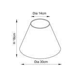 Endon Brenwell tapered lamp shade dimensions diagram showing 14cm top diameter, 30cm bottom diameter and 18cm height on a white background.