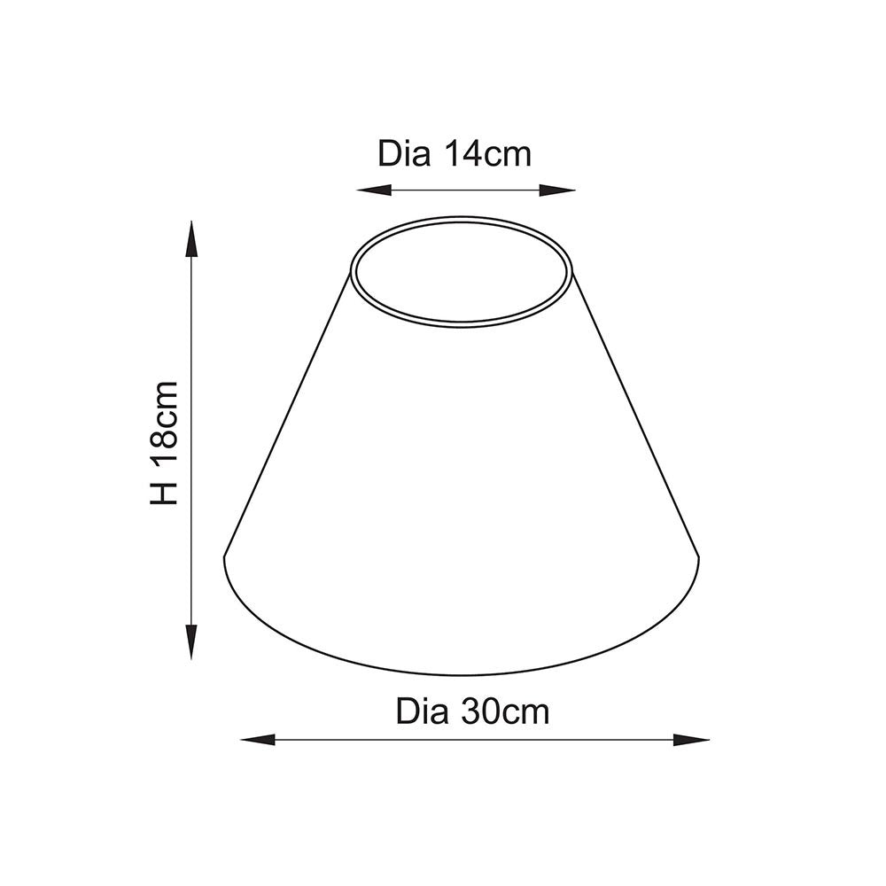 Dimension diagram of the Endon Caldgrove tapered lamp shade showing 14cm top diameter, 30cm bottom diameter and 18cm height on a white background.