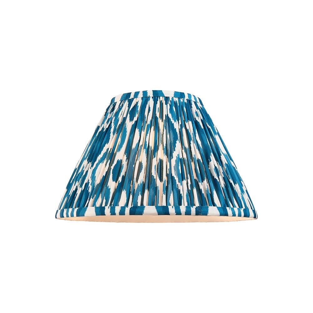 Endon Brenwell 30cm tapered lamp shade in pleated faux silk with a marlin blue and white ikat pattern, shown on a plain white background.