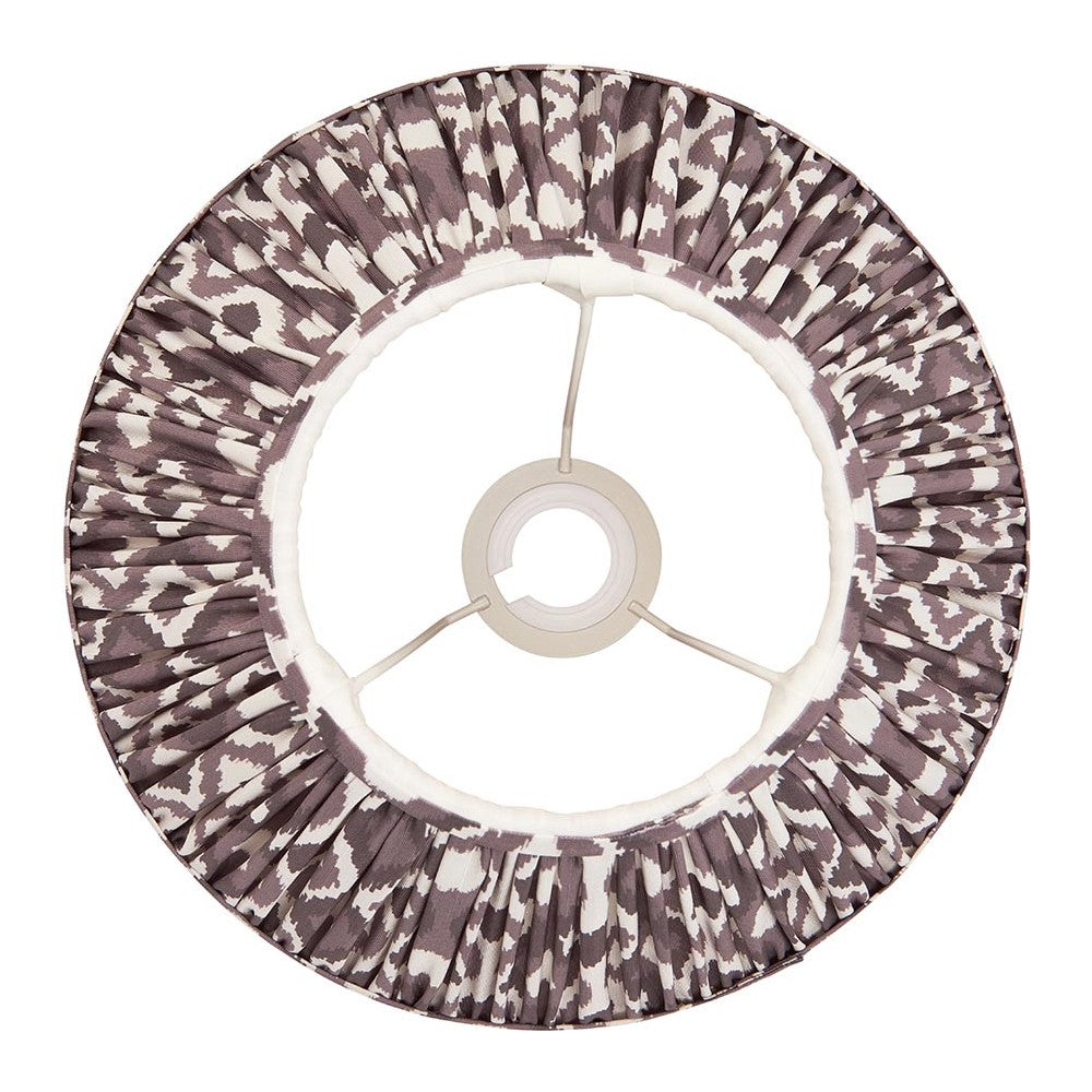Endon Brenwell 30cm tapered lamp shade in pearl grey pleated faux silk with ikat print, shown from below revealing the gimbal fitting on a white background.