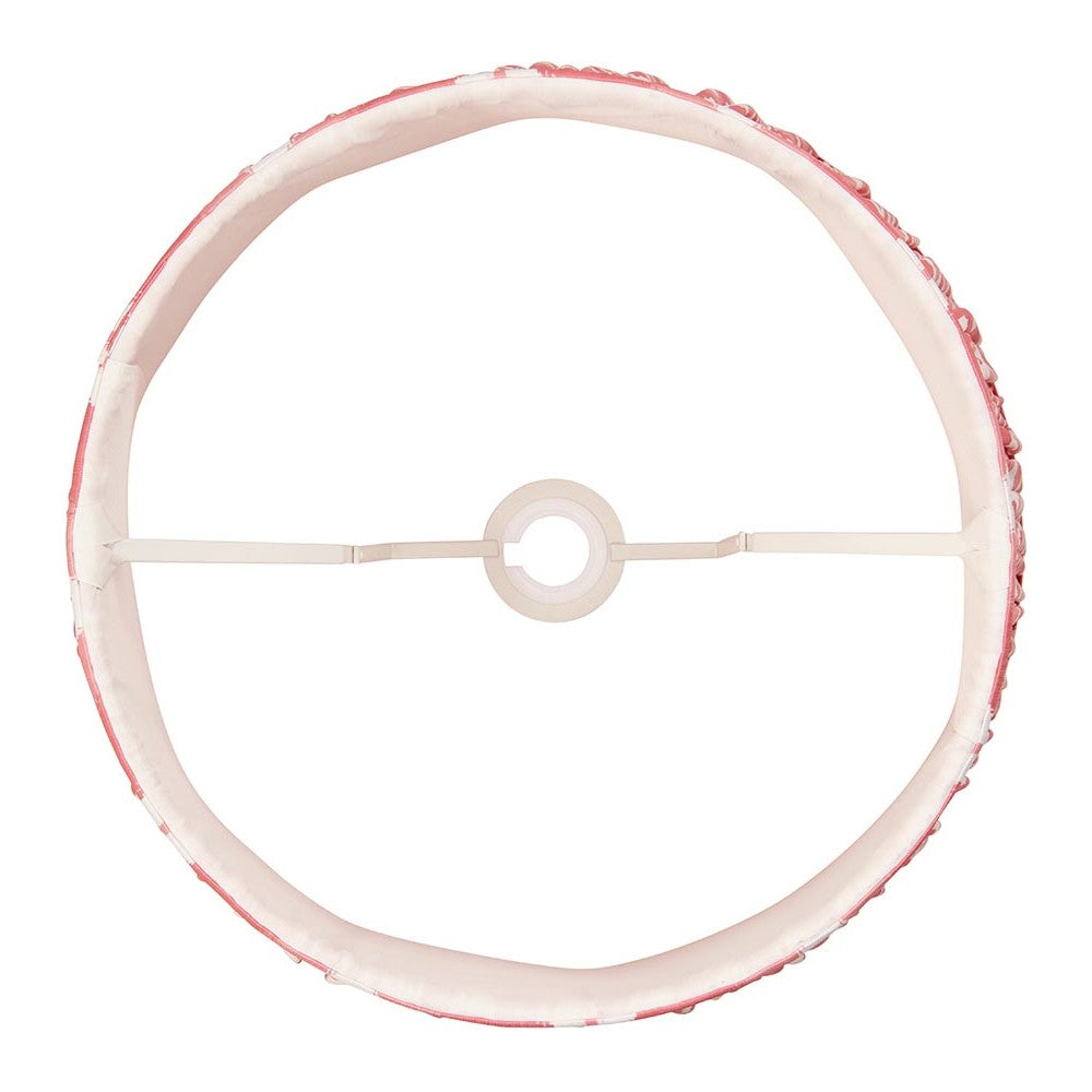 Top-down view of the Endon Brenwell 35cm tapered lamp shade in coral pink, showing the white inner lining, reversible gimbal fitting and taped edge.
