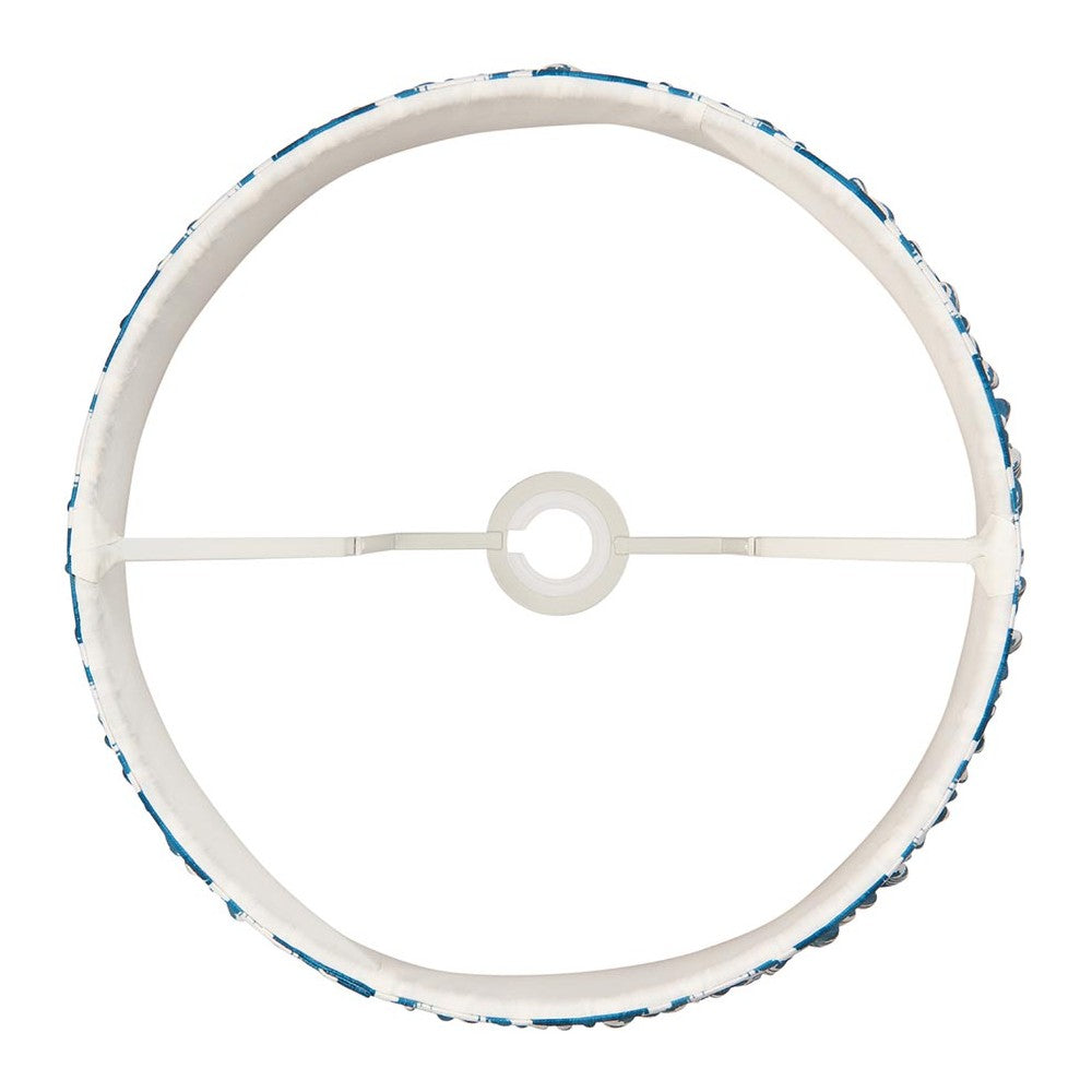 Top view of Endon Brenwell 35cm tapered shade in Marlin Blue, showing white inner lining, reversible gimbal fitting and taped edge on white.