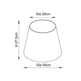 Dimension diagram of the Endon Brenwell 40cm tapered lamp shade showing 28cm top diameter, 40cm bottom diameter and 27.5cm height.