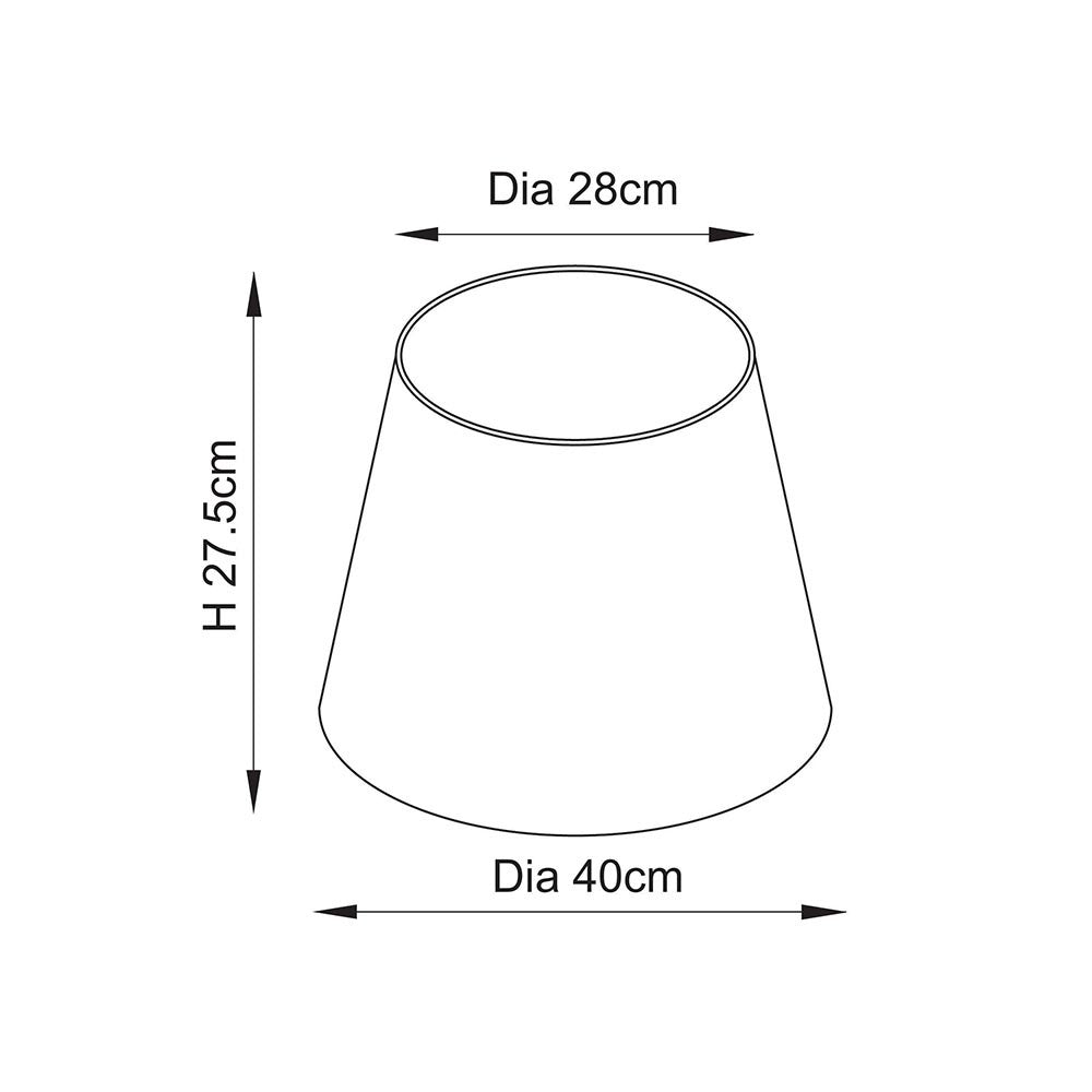 Dimensioned line drawing of the Endon Brenwell 40cm tapered lamp shade showing 28cm top diameter, 40cm bottom diameter and 27.5cm height.
