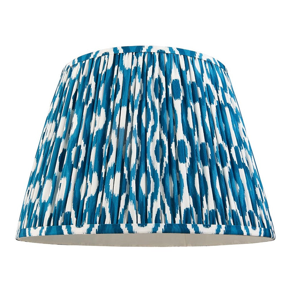 Endon Brenwell 40cm tapered lamp shade in marlin blue and white ikat print on pleated faux silk, shown against a plain white background.