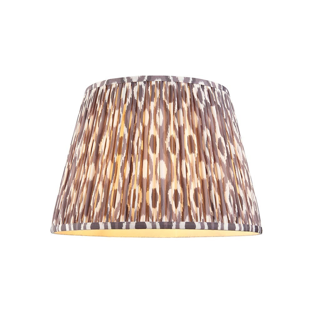 Endon Brenwell 40cm tapered lamp shade in pleated faux silk with pearl grey ikat pattern and taped edges, shown on a plain white background.