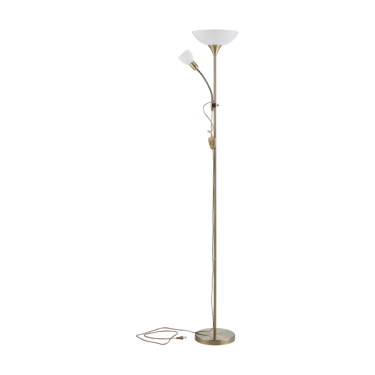 Brilbette mother and child floor lamp in bronze with tall steel stem, wide white uplighter bowl, and slim flexible reading arm with small white shade, on round base.