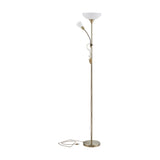 Brilbette mother and child floor lamp in bronze with tall steel stem, wide white uplighter bowl, and slim flexible reading arm with small white shade, on round base.